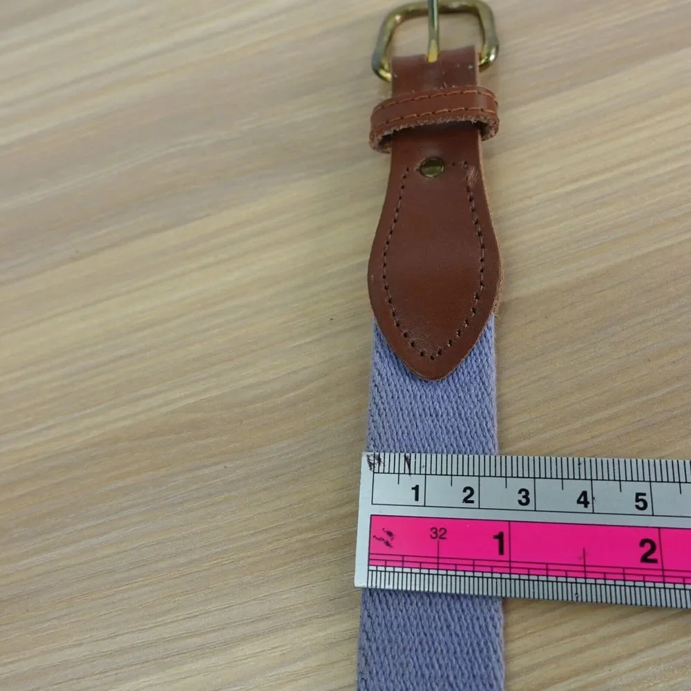 VINTAGE Retro Belt Womens Size Small Blue Canvas Solid Brass Genuine Leather Y2K